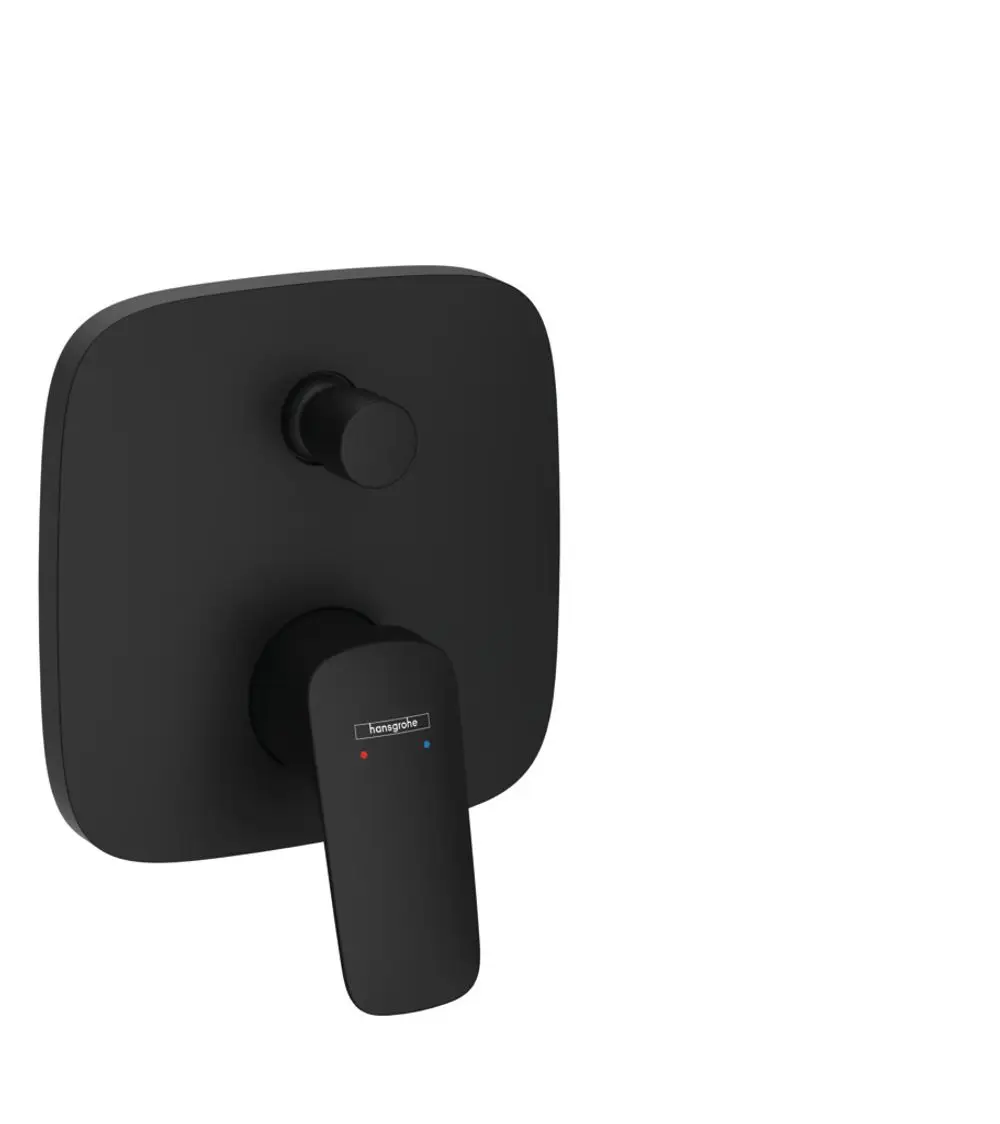Schwarzer Unterputz-Mischer mit einem Hebel und Kontrollknöpfen für warmes und kaltes Wasser, designed von Hansgrohe.